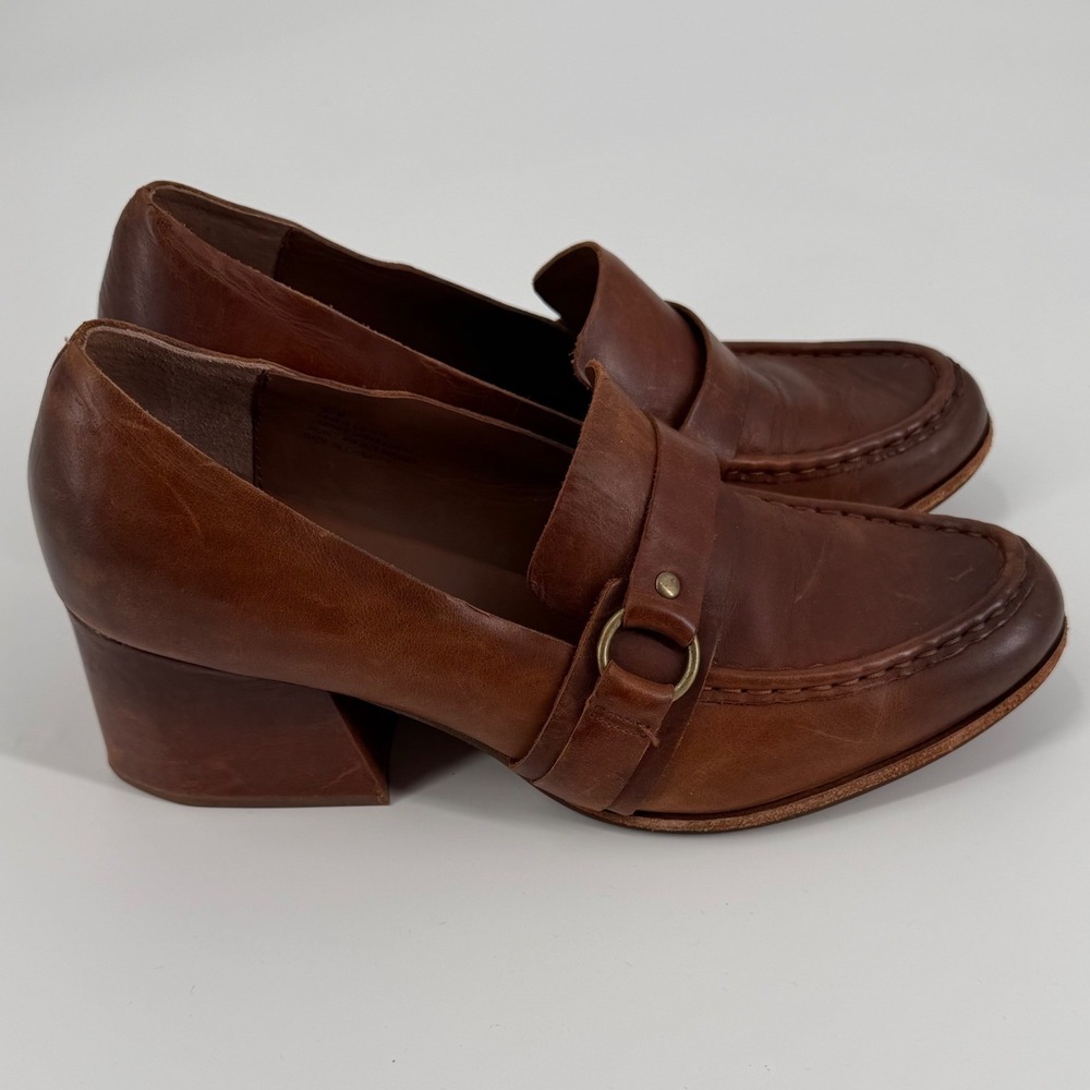Kork-Ease Brown Leather Heeled Loafers Block Heel Ring Detail Pumps Womens 9.5 - Picture 5 of 10